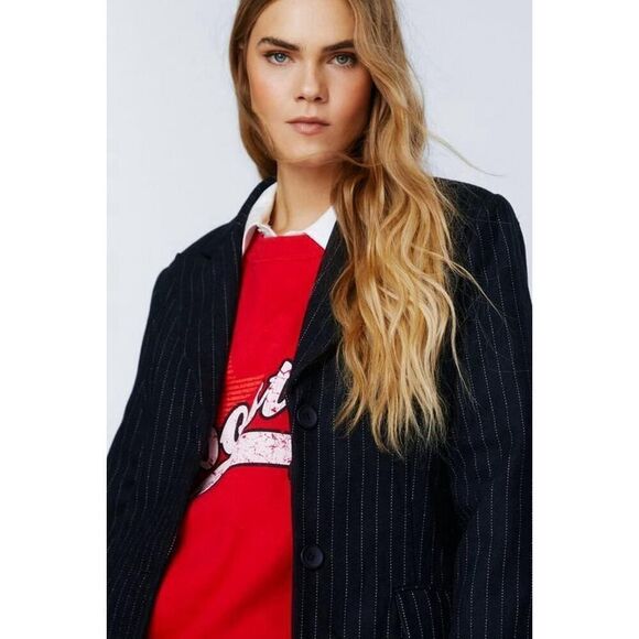 NASTY GAL Collection Pinstripe Oversized Wool Blend Navy Blazer sz 4 US - Picture 2 of 13